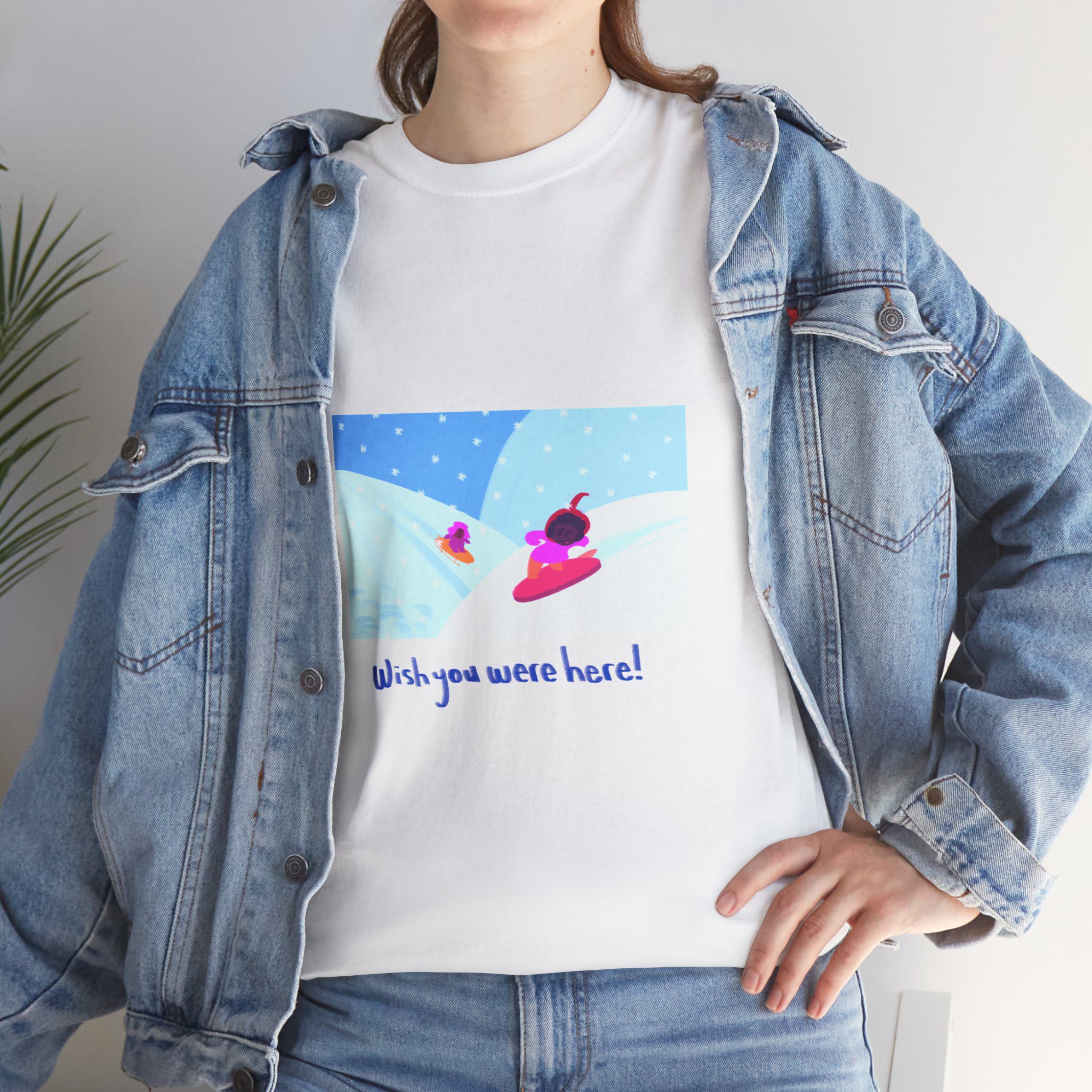 Postcard from Snowy Ice Cream Sled and Snowboard Slopes - Unisex Cotton Tee - Image 3
