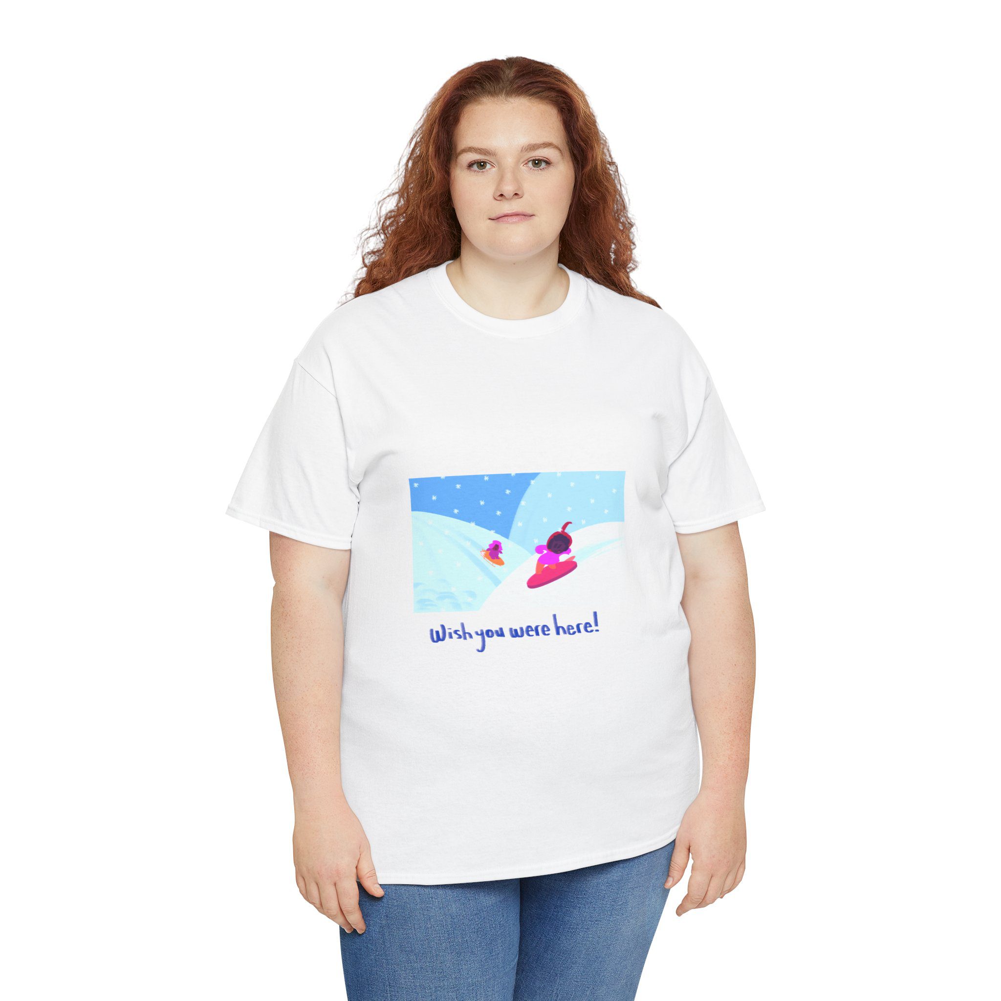 Postcard from Snowy Ice Cream Sled and Snowboard Slopes - Unisex Cotton Tee