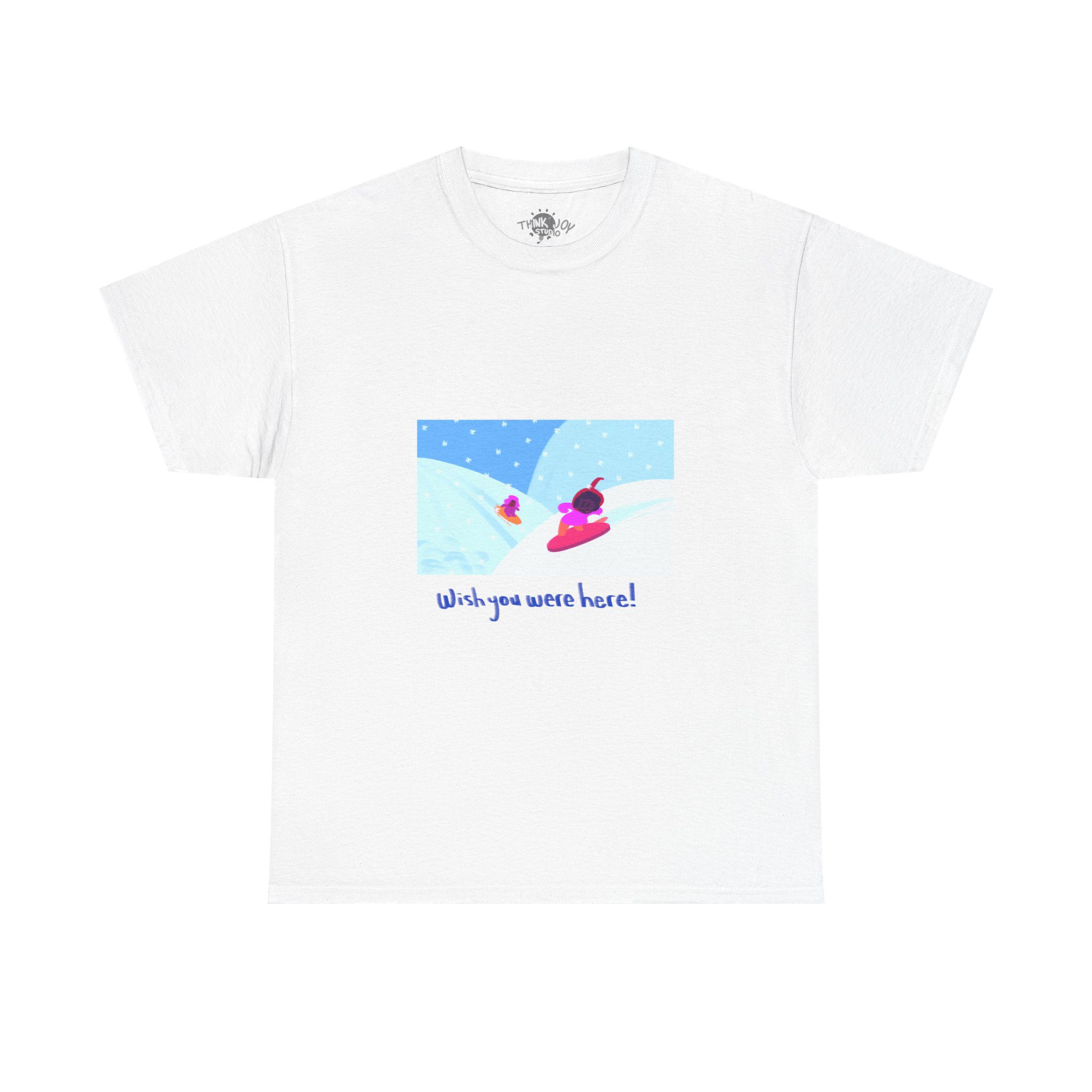 Postcard from Snowy Ice Cream Sled and Snowboard Slopes - Unisex Cotton Tee - Image 2