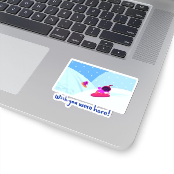 Postcard from Snowy Ice Cream Sled and Snowboard Slopes - Kiss-Cut Sticker