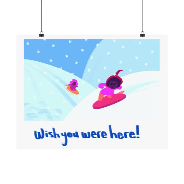 Postcard from Snowy Ice Cream Sled and Snowboard Slopes - Matte Horizontal Poster