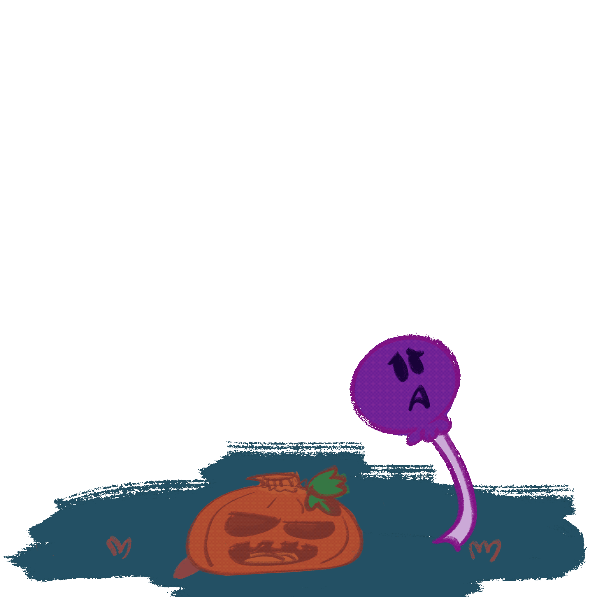 Halloween Chase 2D animation, hand-drawn in digital art software. Looping animation of jack-o-lantern chasing a lollipop across grassy field.