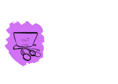 Hand-drawn 2D digital art, a looping animation of a laptop, journal, and hydro-flask bottle each appearing. Each item hovers in the air, gets stamped with a sticker from this store, then blinks away.