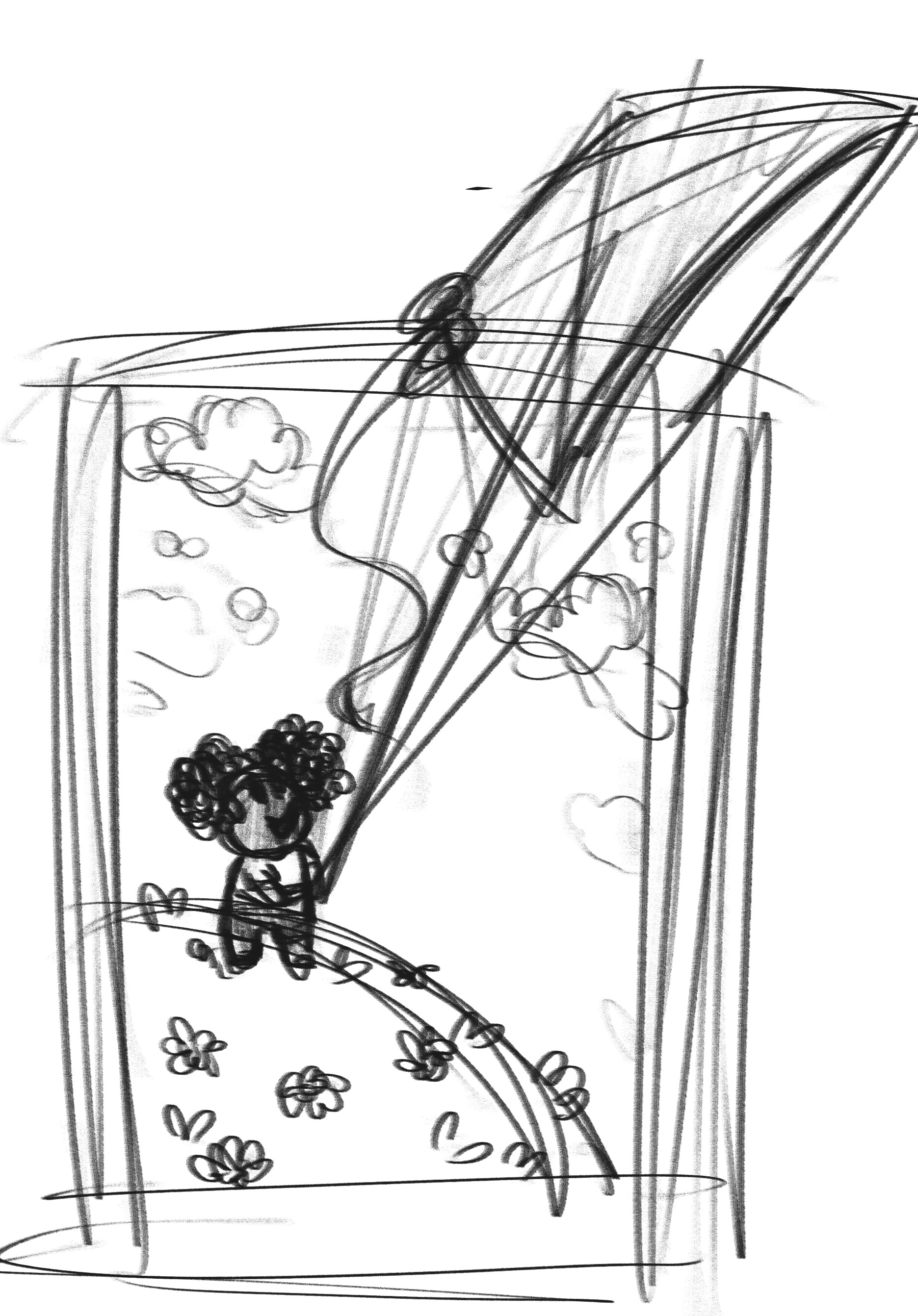 Digital art, original sketch of concept art for a product to be available soon in the Store titled "Sky High Kite Flight" with a girl flying a kite.