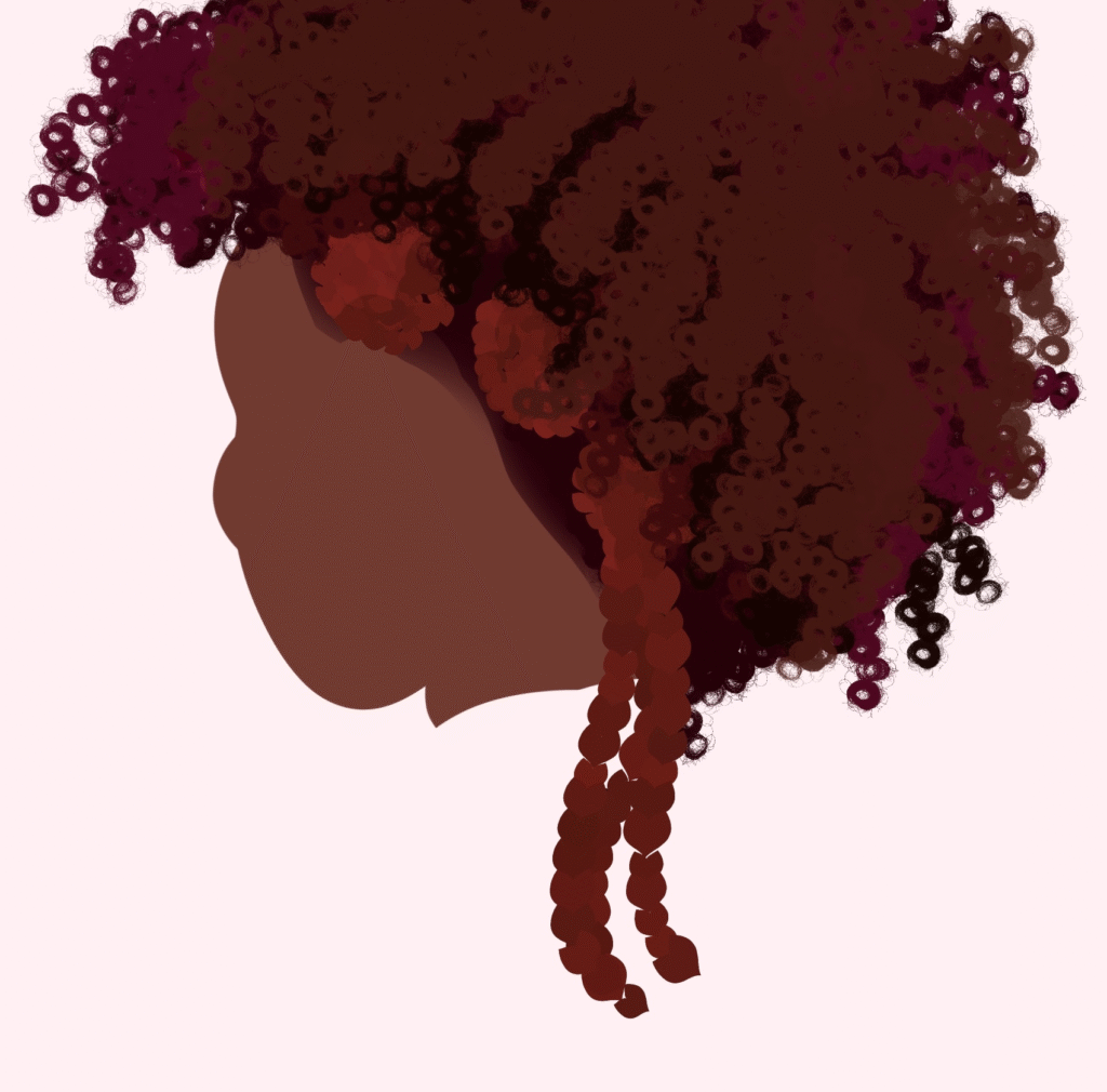 Digital art, doodle drawn of a silhouette of someone with a curly faux-hawk hairstyle and 3 bantu knots, loose braids trailing down the figure.