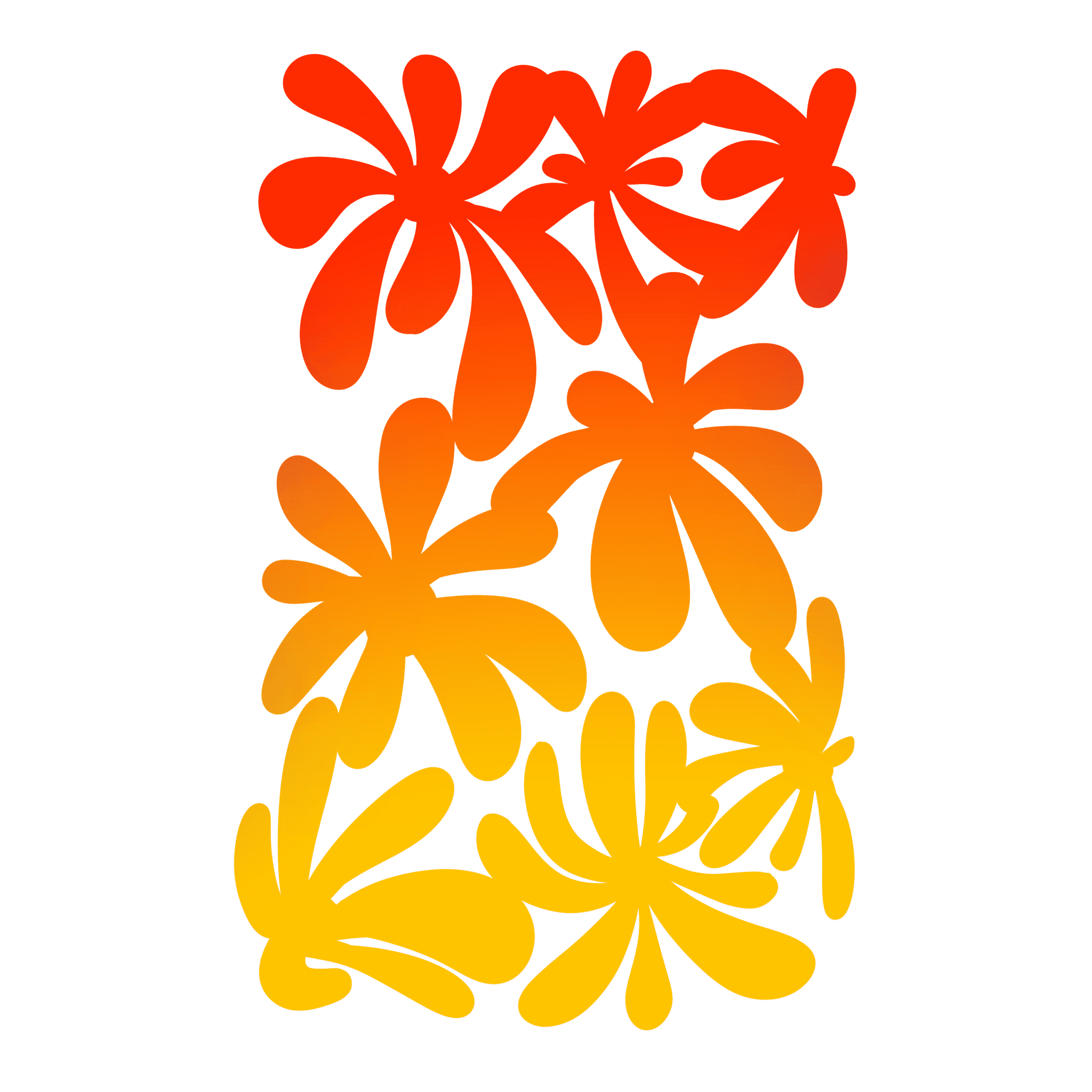 2D digital art, illustration of flowers with long, sunset-gradient petals making the shape of a tall rectangle with the negative space around it.