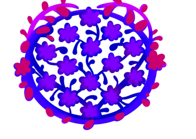 2D digital art. Illustration of numerous, small purple and pink and fuchsia flowers sprouting in the middle of a wreath, with the inner and outer vines twisting to form a heart shape. The vines and outer buds are pink and purple colors, and the inner flowers are drawn with vibrant purple and blue colors.