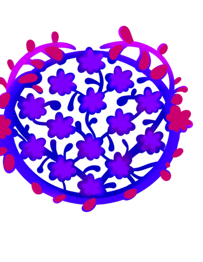 2D digital art, illustration of numerous small flowers sprouting in the middle of a wreath, with the inner and outer vines twisting to form a heart shape. The vines and outer buds are pink and purple colors, and the inner flowers are drawn with vibrant purple and blue colors.