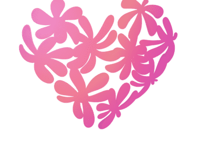 2D digital art. Illustration of many illuminated flowers with long, pastel pink-gradient petals making the shape of a heart.