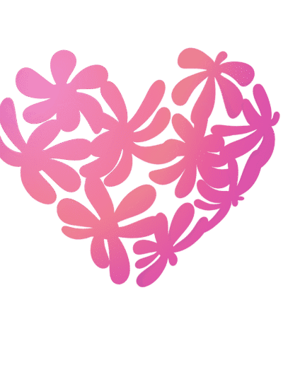 2D digital art, illustration of many flowers with long, pastel pink-gradient petals making the shape of a heart.