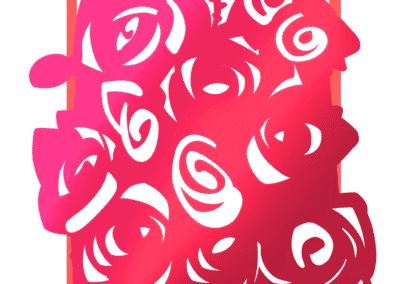 2D digital art. Illustration of numerous pink-gradient rose silhouettes with their petals and leaves sprouting out of a tall, salmon-pink canvas frame.