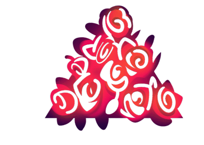 2D digital art. Illustration of numerous, brightly illuminated red-gradient rose silhouettes, with their petals and leaves sprouting out of a triangular-shaped, fuchsia-colored canvas frame.