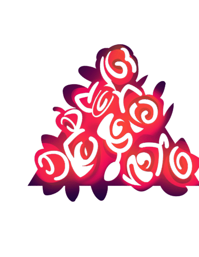 2D digital art, illustration of numerous, brightly illuminated red-gradient rose silhouettes, with their petals and leaves sprouting out of a triangular-shaped, fuchsia-colored canvas frame.