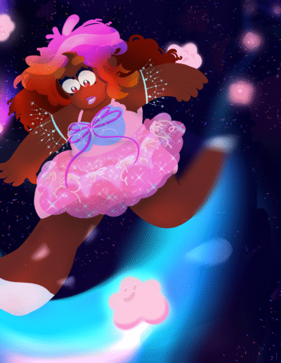 Cartoon stylized original illustration. Drawing of original character, a Black woman with multi-colored hair and ballerina outfit. She is smiling as she's walking across the Milky Way, guided by small, smiling pink stars.