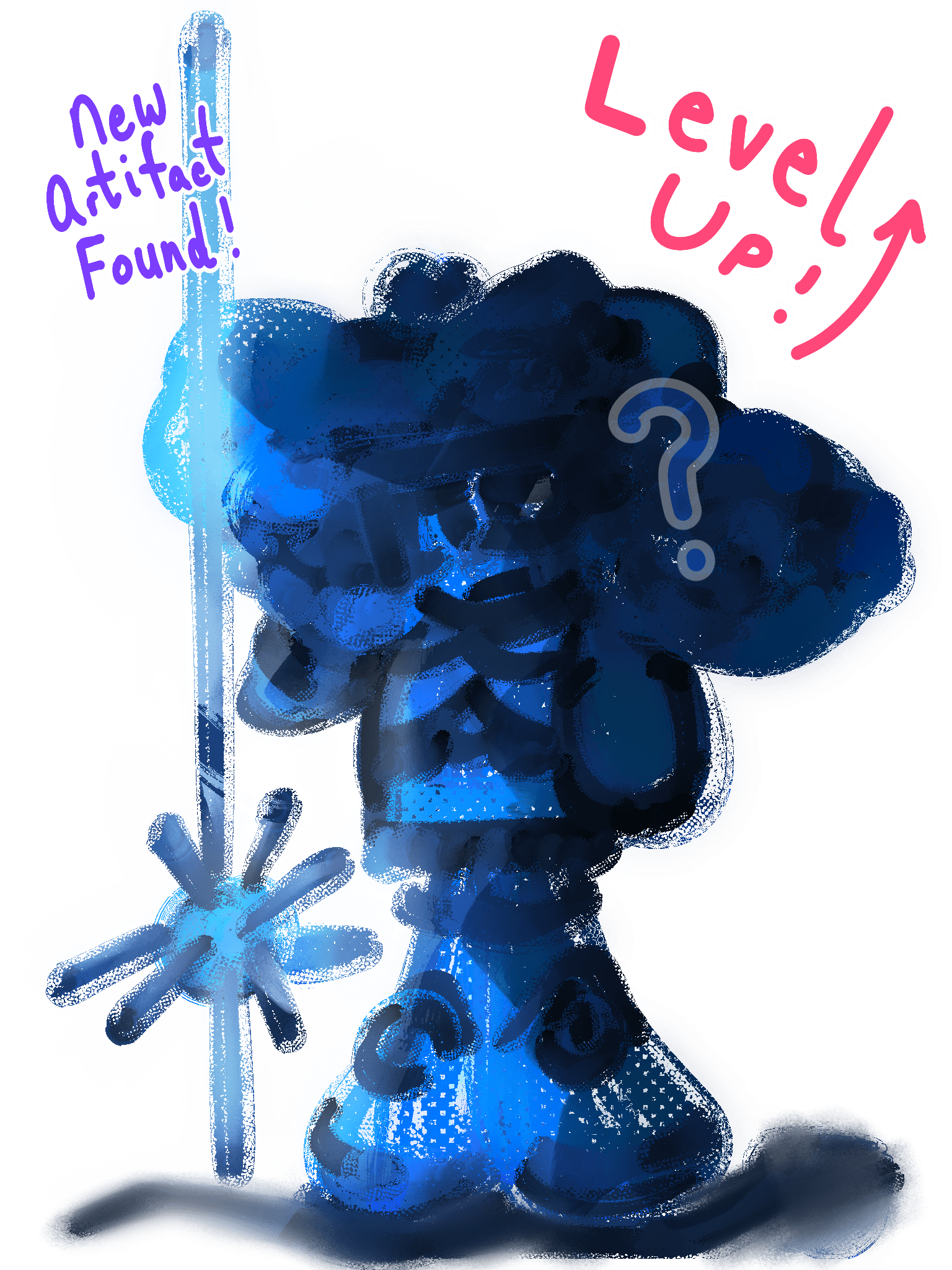 Original illustration. Drawing of original character, a space fighter who is able to grab an icy blue, spiked mallet. The astronaut is fully cast in blue colors. Text above them says "New Artifact Found!" and "Level Up" in neon colors.