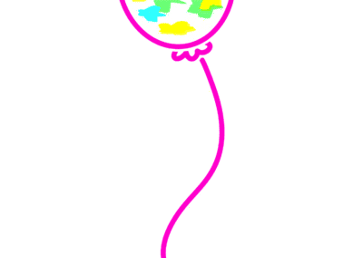 Image of a pink balloon with a multi colored star pattern on the outside.