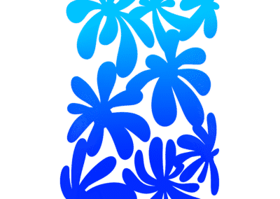 2D digital art. Illustration of cyan and sky-blue flowers with long, sunset-gradient petals making the shape of a tall rectangle with the negative space around it.