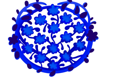 2D digital art. Illustration of numerous, small flowers sprouting in the middle of a wreath, with the inner and outer vines twisting to form a heart shape. The vines and outer buds are pink and purple colors, and the inner flowers are drawn with vibrant cobalt and blue colors.