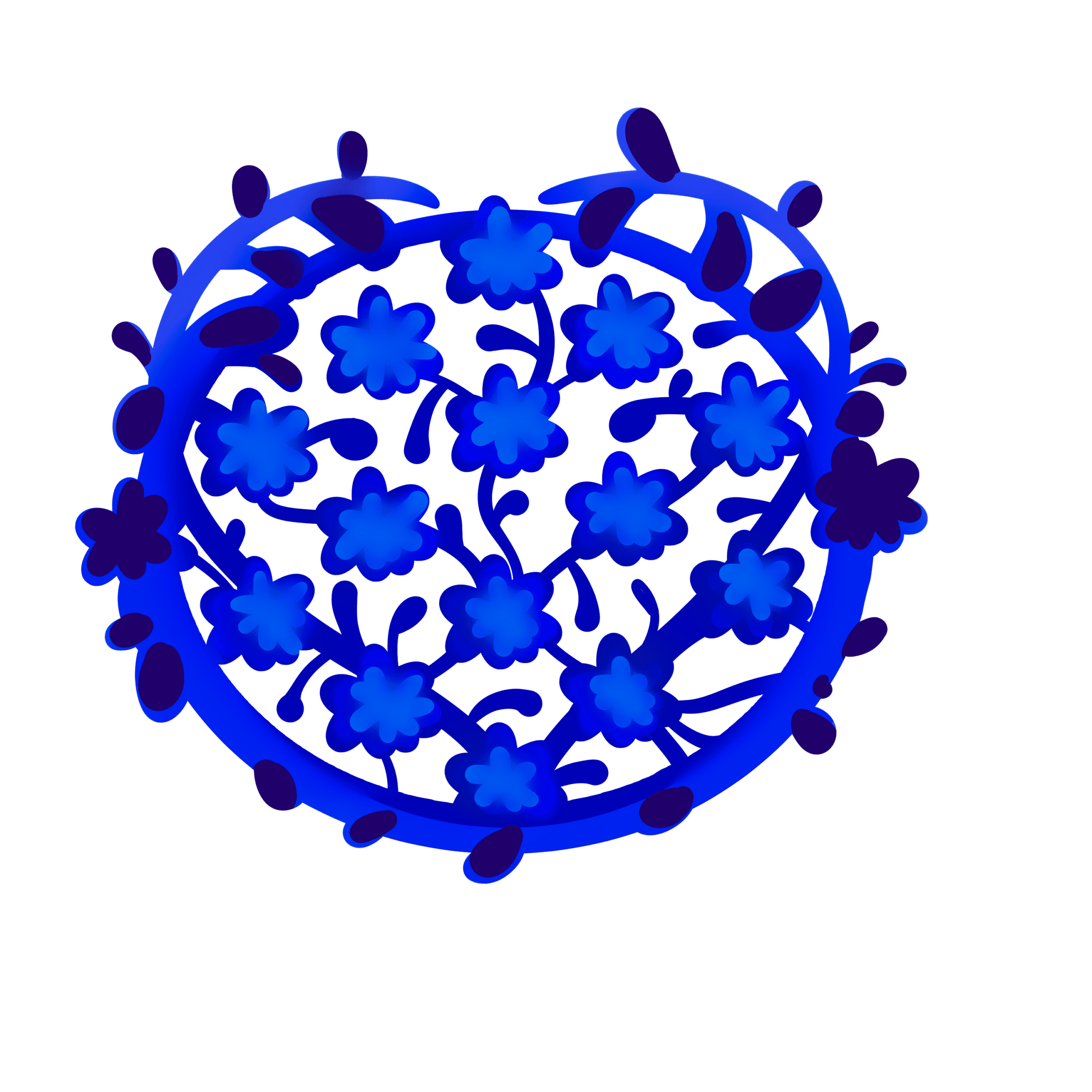 2D digital art. Illustration of numerous, small flowers sprouting in the middle of a wreath, with the inner and outer vines twisting to form a heart shape. The vines and outer buds are pink and purple colors, and the inner flowers are drawn with vibrant cobalt and blue colors.