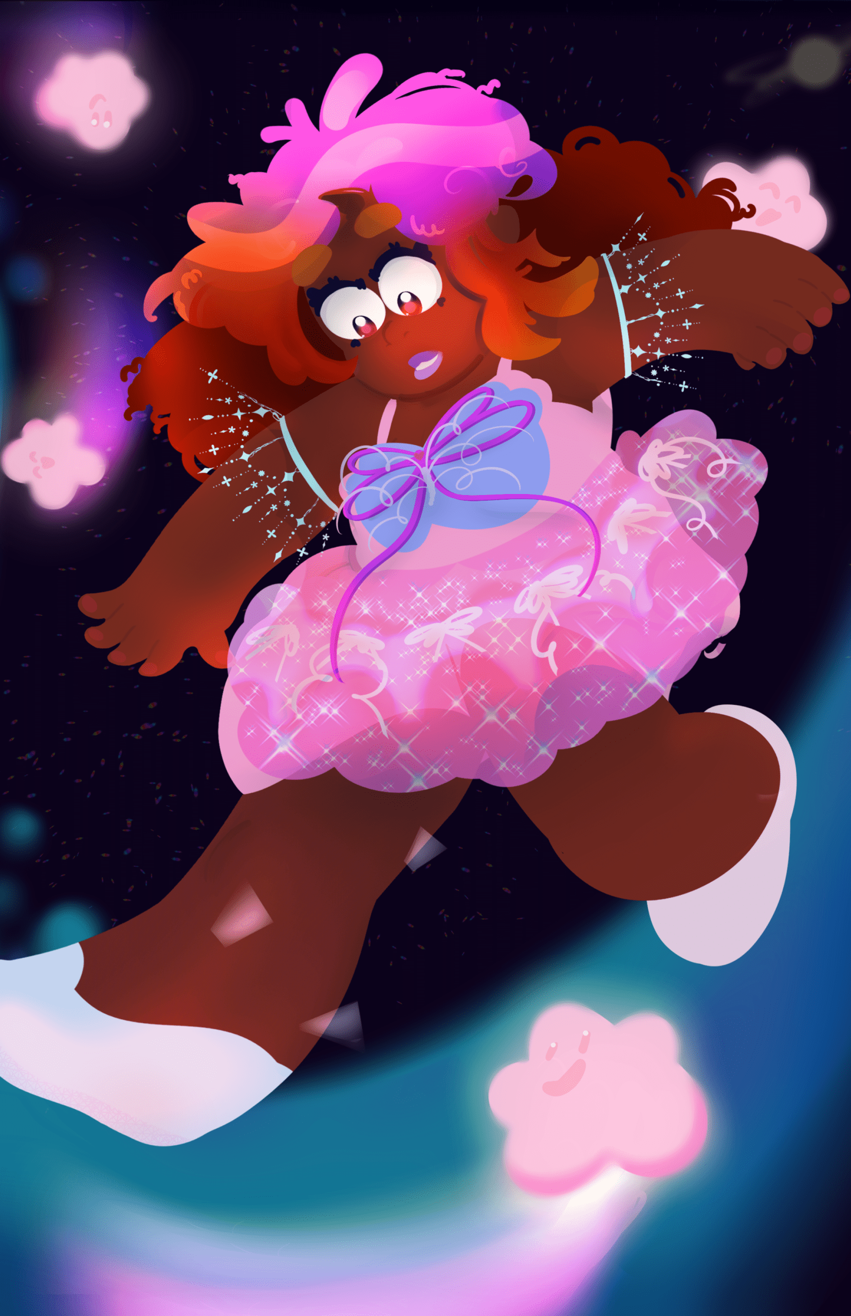 Cartoon stylized original illustration. Drawing of original character, a Black woman with multi-colored hair and ballerina outfit. She is smiling as she's walking across the Milky Way, guided by small, smiling pink stars.